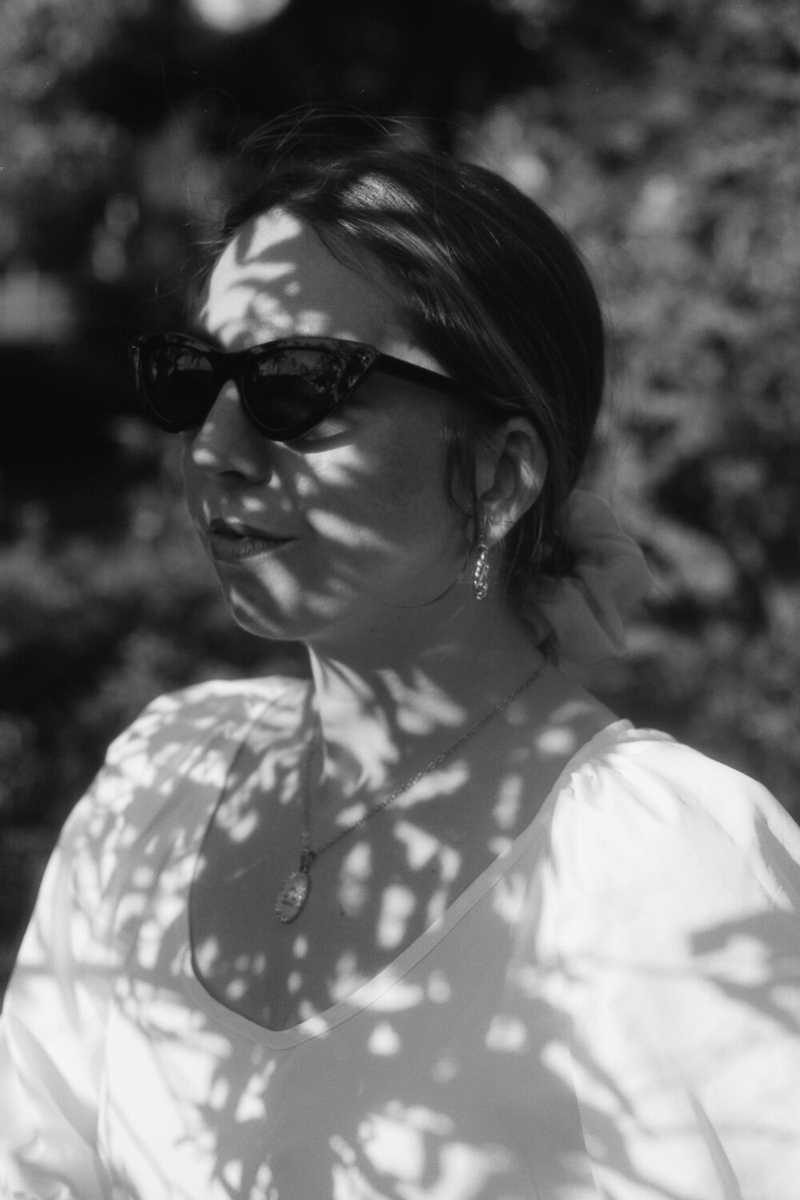 Black and white film photo of my partner in Portland, OR