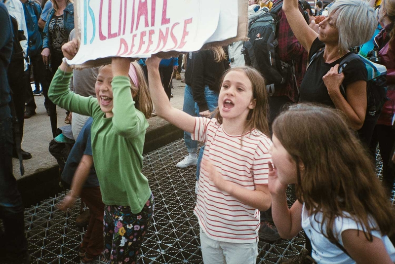 People protesting at the global climate strike in Portland, OR on 09/20/19