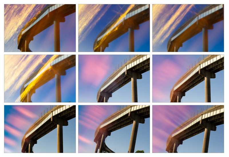 Contact Sheet of experimental highway overpass photos using the Lensbaby Omni